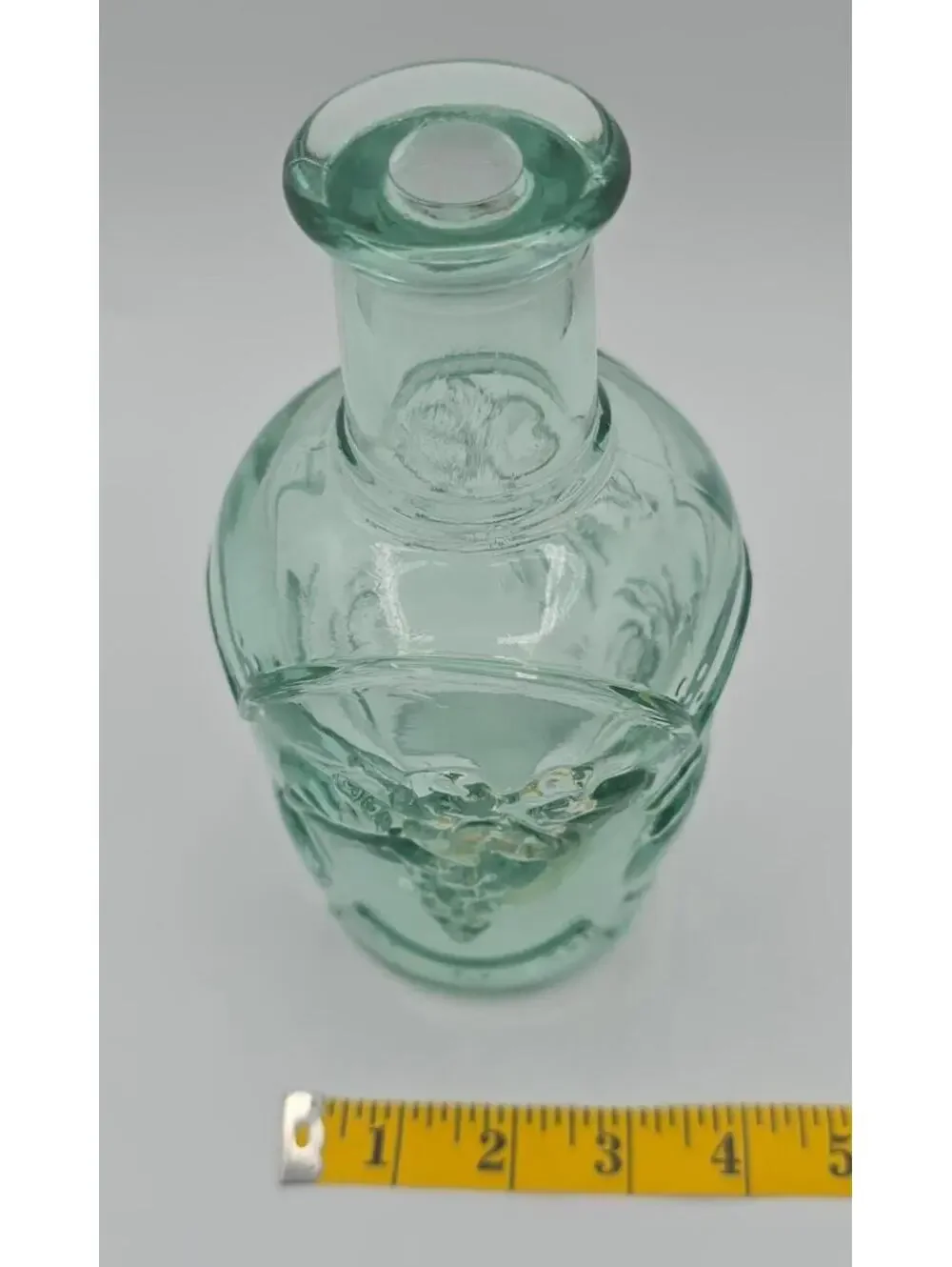 Vintage Libbey Canada Green Glass Decanter Vase w/Orchard Fruit Design